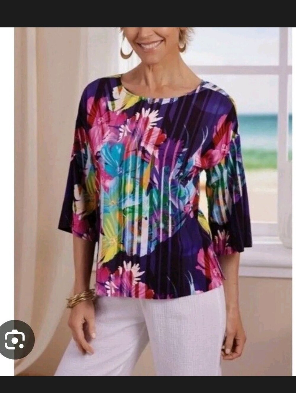Soft Surroundings Vibrant Floral/Striped Mignon Boxy Blouse| Tropical Vacation S